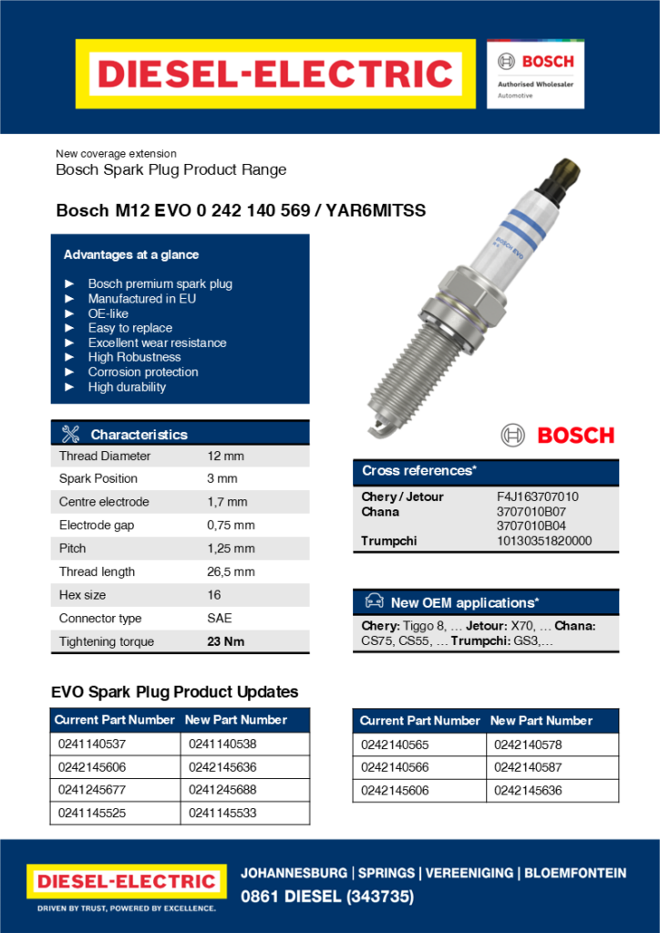 Bosch EVO Spark Plug Product Updates